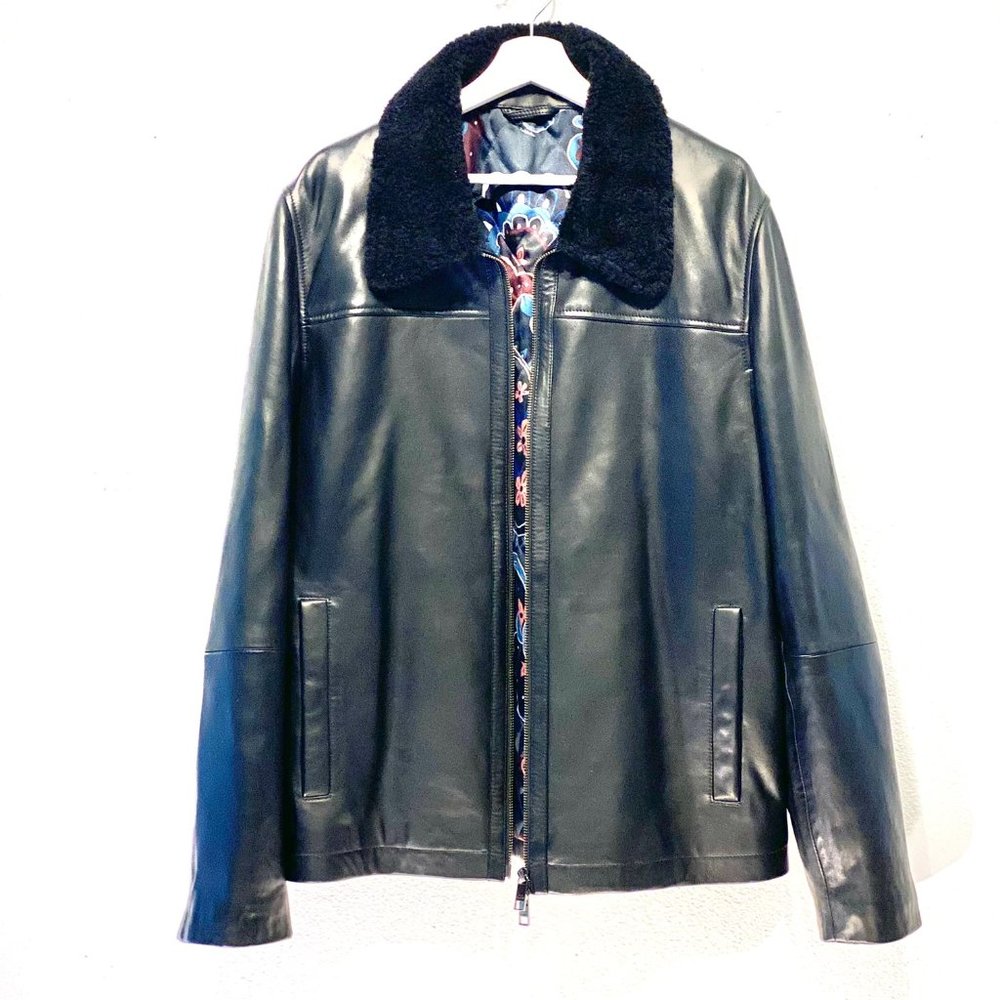 Men's Ted Baker London Black Ovine Leather Jacket with Shearling Collar